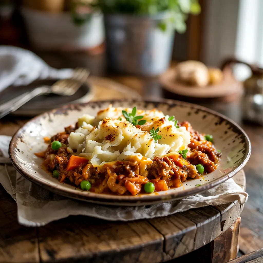 A close-up of a homemade meat pie slice on a white plate, with a golden flaky crust and juicy beef filling, placed on a rustic table with soft lighting.