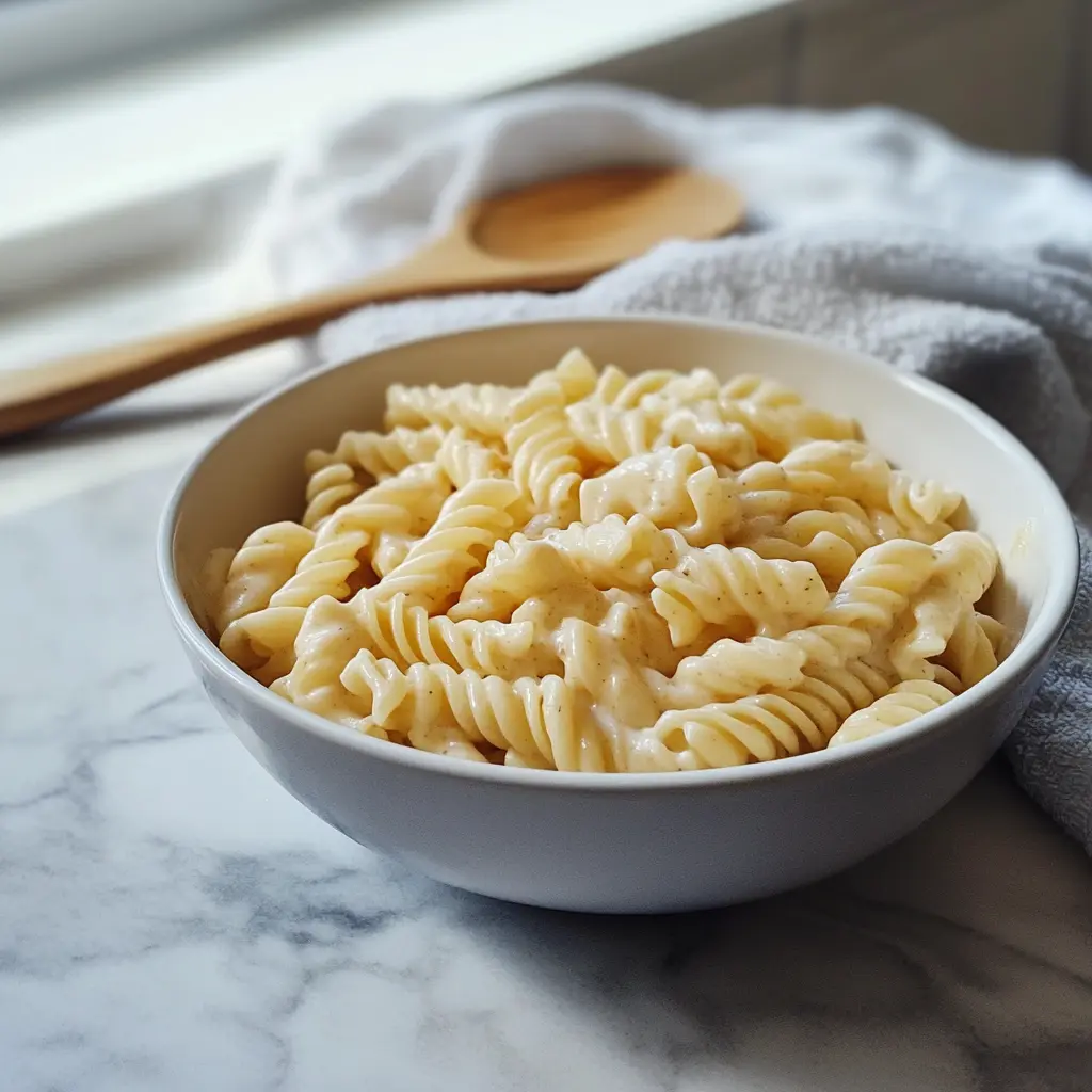 A comforting bowl of creamy pasta on a wooden counter, softly lit by daylight. Captures a warm, home-cooked vibe for weekly featured recipes on a cozy food blog.
