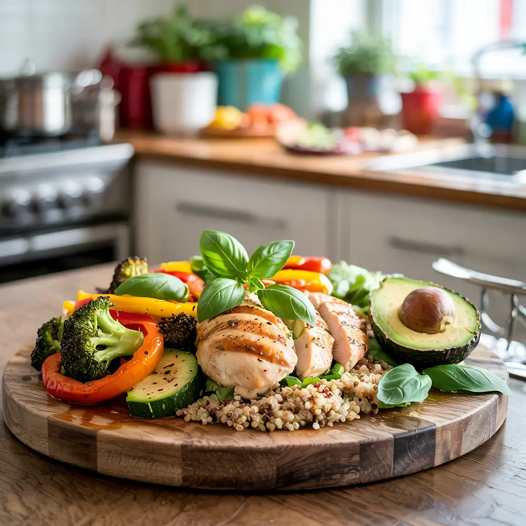 A wholesome homemade plate of grilled chicken with quinoa and roasted vegetables, served on a clean white dish with fresh herbs on a wooden surface.