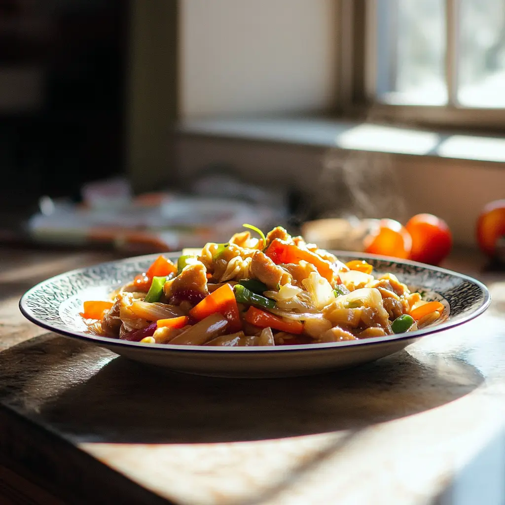 A colorful stir-fry served on a plain plate, surrounded by casual kitchen elements. Natural light and a relaxed composition highlight quick and easy homemade meals.