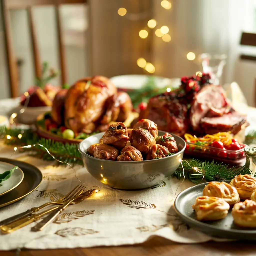 Golden-baked meatballs stacked on a white plate beside a cup of creamy dipping sauce, garnished with chopped chives, perfect for parties or holidays.
