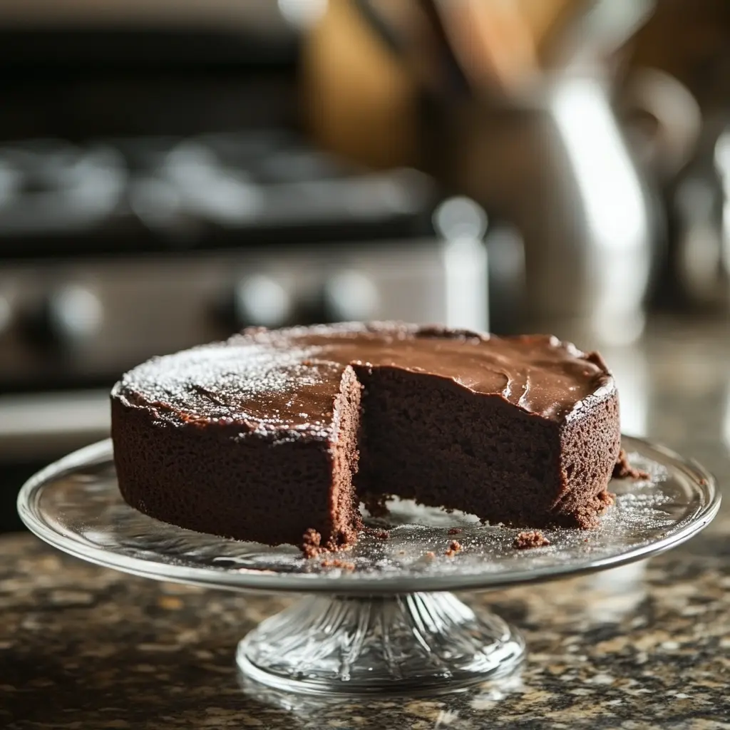 A slice of rich chocolate cake with ganache, casually plated on a kitchen counter. The image captures the charm of imperfect, home-baked desserts in a cozy cooking space.