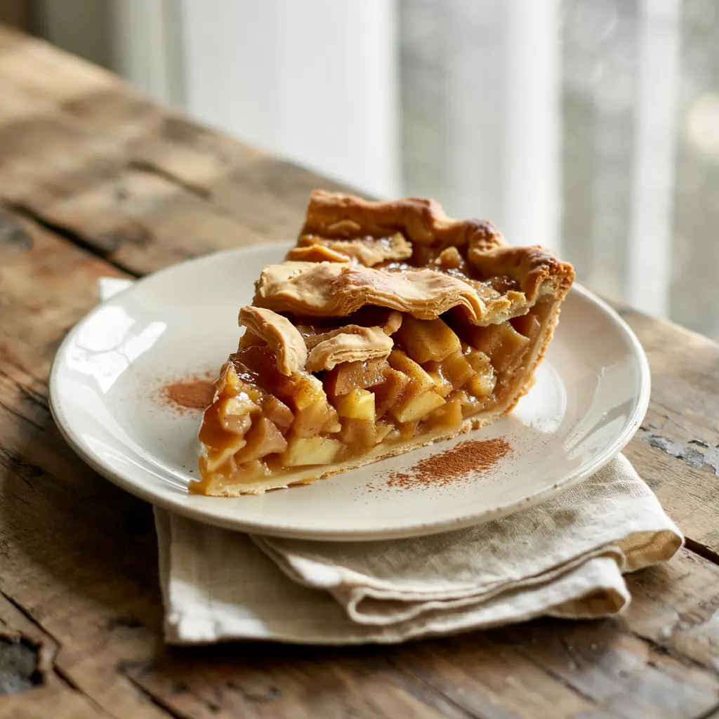 A homemade slice of caramel apple pie with a glossy top crust and juicy filling, served on a white plate with a fork, in warm natural light.