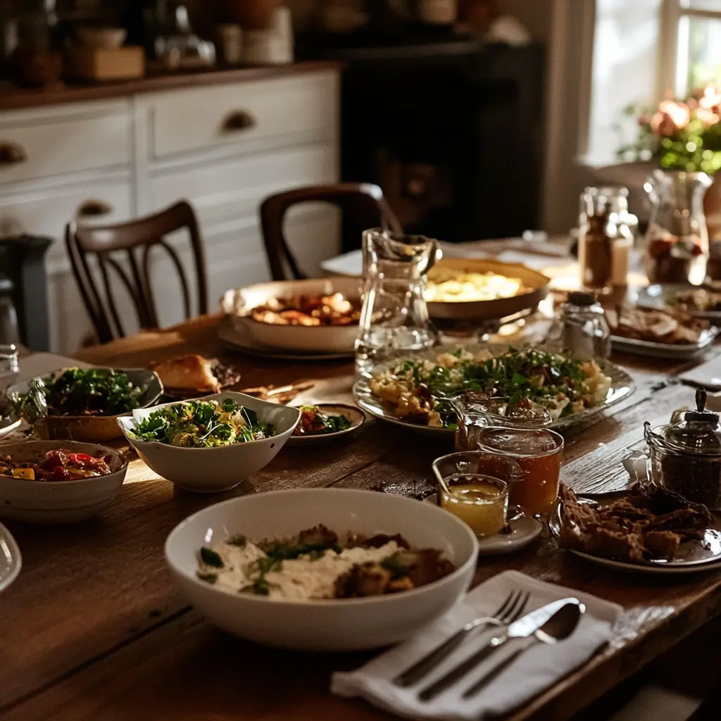 A wooden table featuring small plates of global dishes like tacos, sushi, and tagine, photographed in natural daylight with a warm, lived-in kitchen feel. Ideal for showcasing international flavors at home.