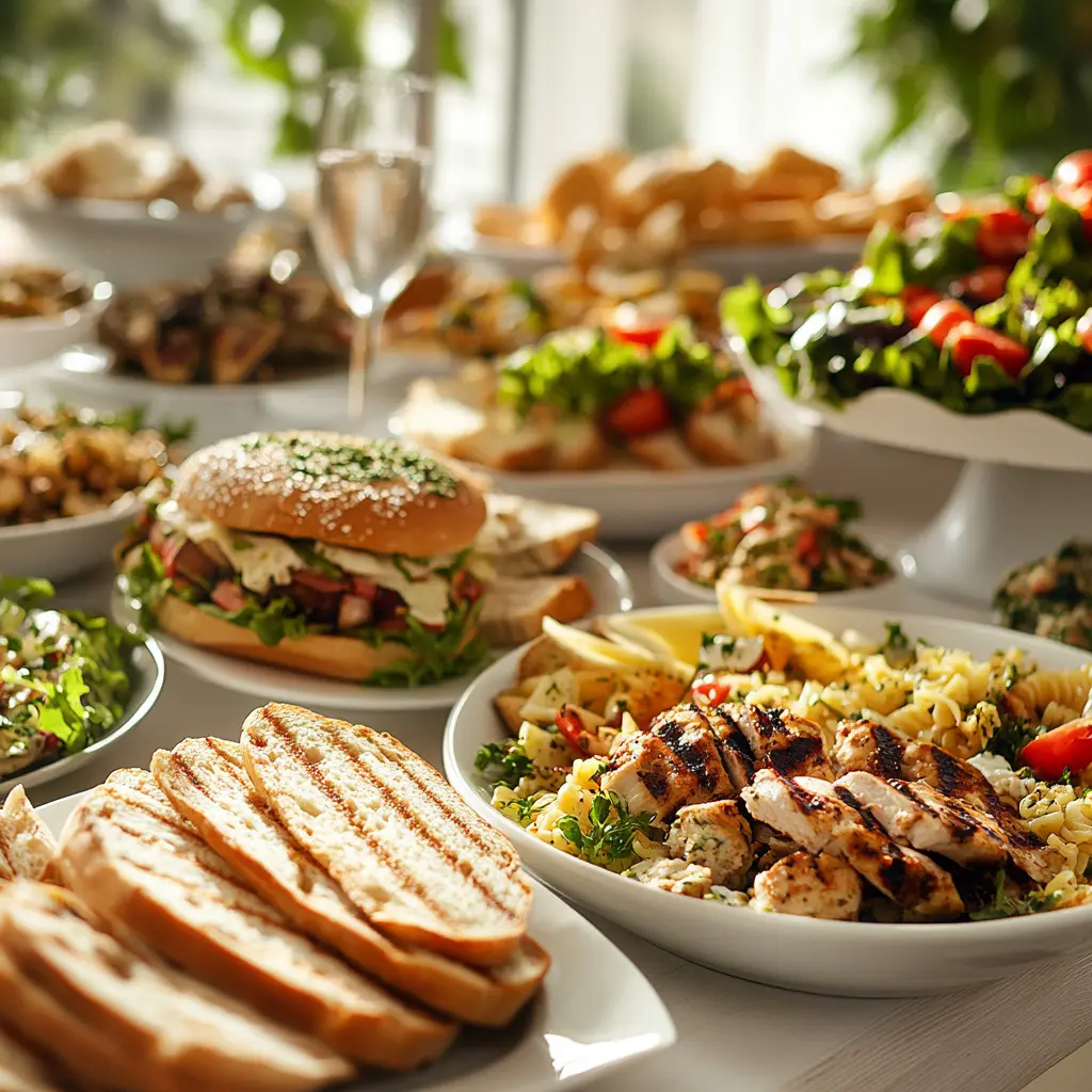 A casual table set with plates of everyday meals like sandwiches, pasta, grilled chicken, salads, and rice dishes, all presented with fresh, homemade appeal under soft natural lighting
