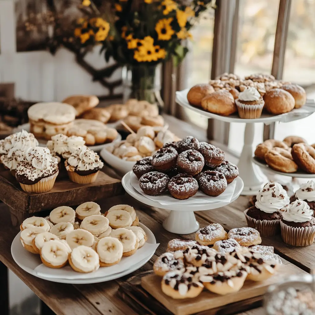 A cozy table filled with plates of sweet treats, including banana bread slices, cupcakes, cookies, and donuts, beautifully arranged under soft natural daylight with a simple rustic background
