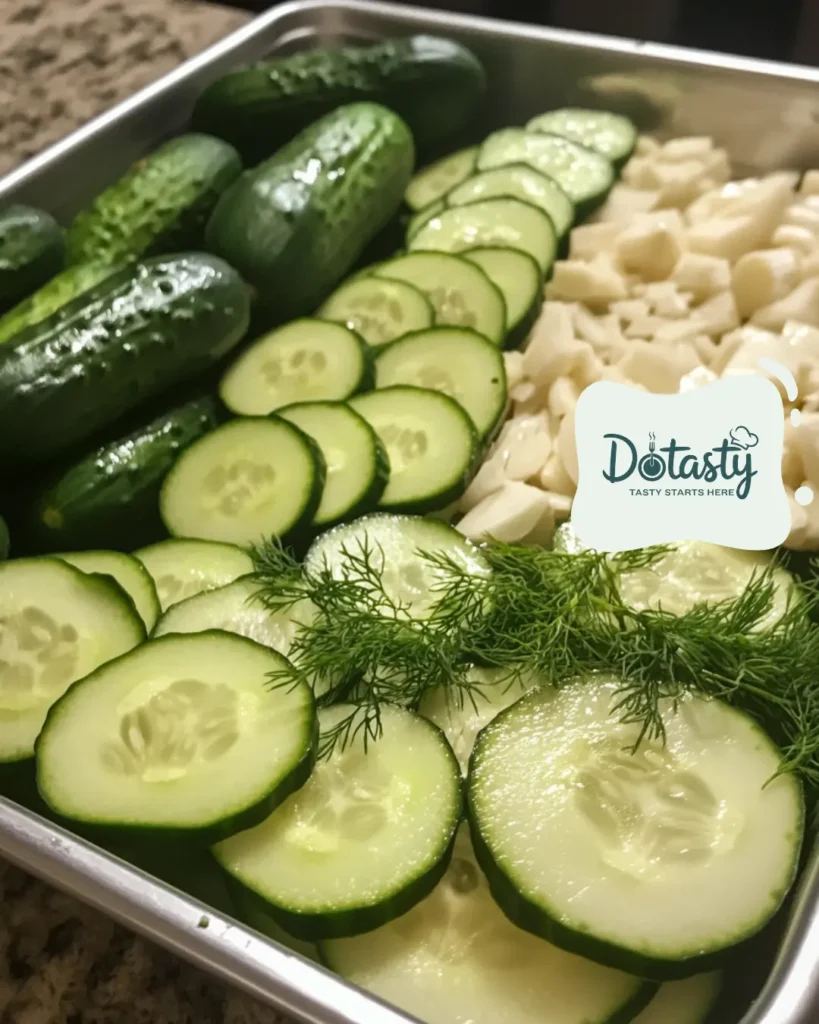 Layering cucumbers and dill in a jar before adding brine.