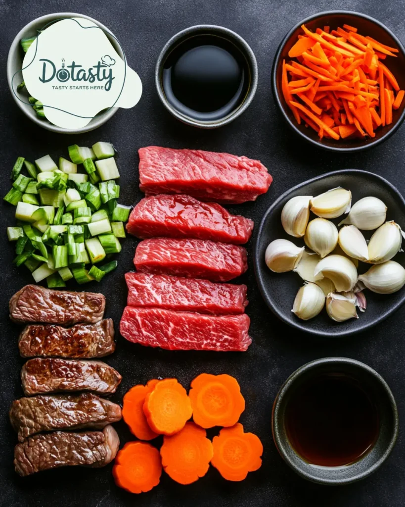 All hibachi ingredients including sliced steak, soy sauce, and veggies.