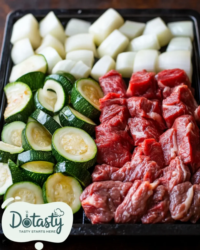 Chopped steak, onions, and zucchini ready to cook.