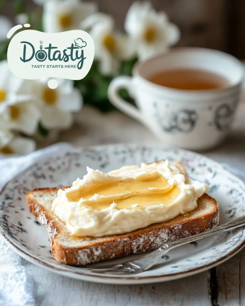 Creamed honey generously spread over a slice of toasted bread with tea.