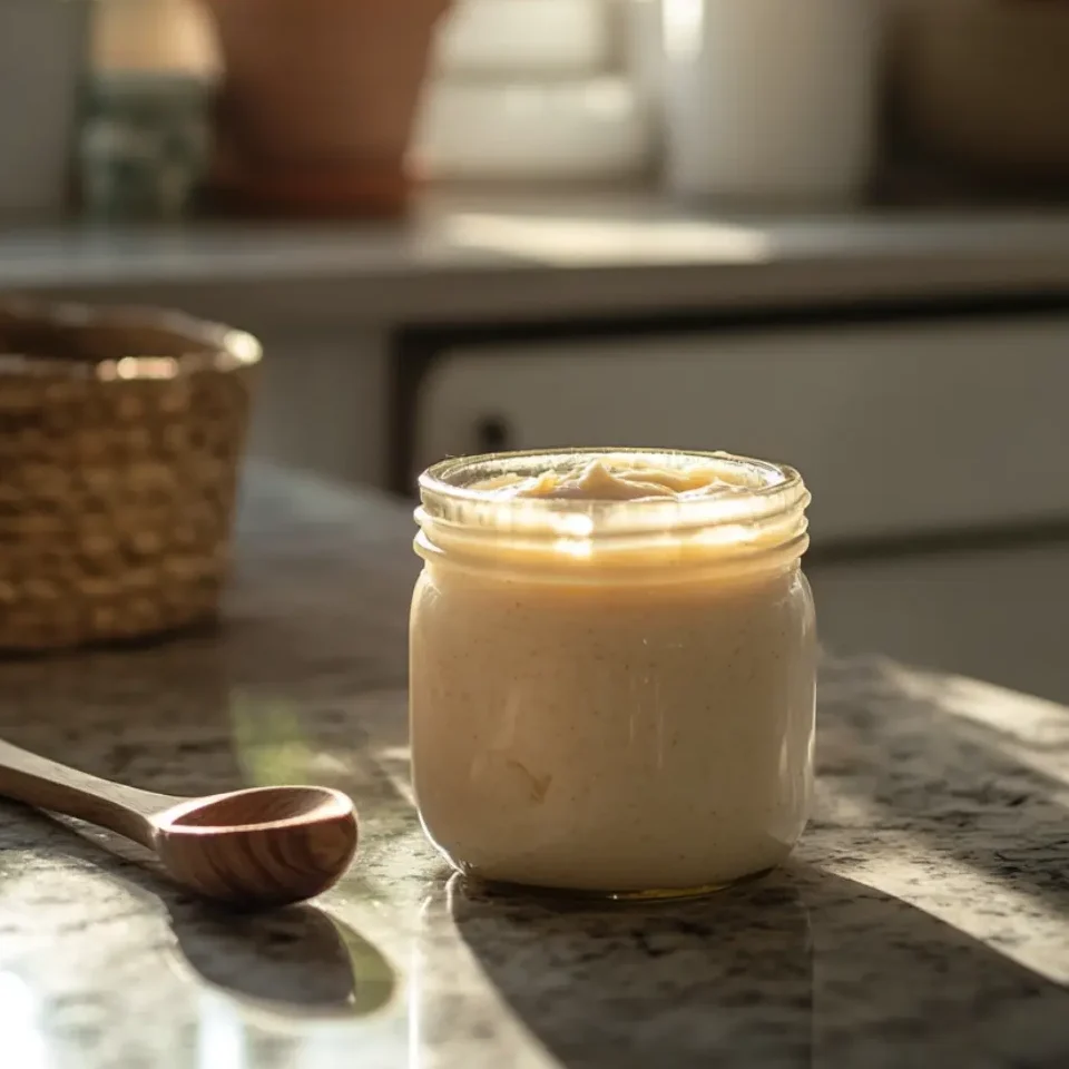 Creamed honey recipe in a jar with a silky texture, ready to enjoy.