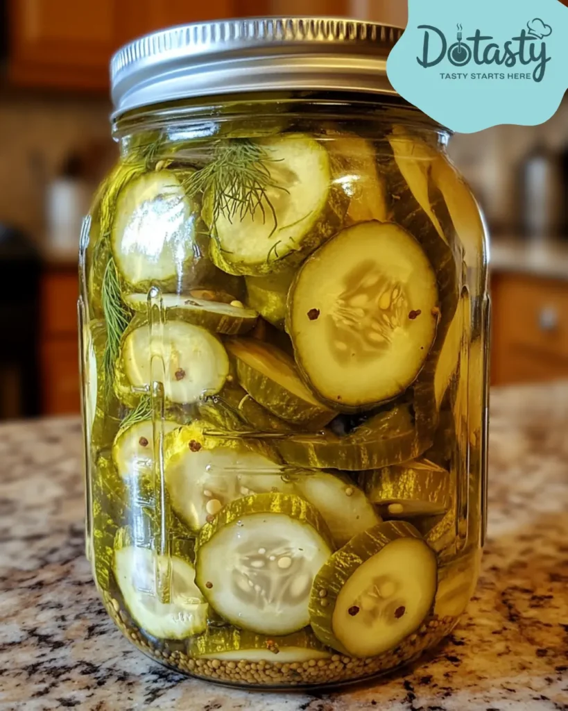 Crisp homemade half sour pickles in a glass jar with garlic and dill.