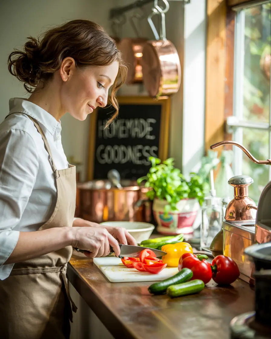 Rebica, Dotasty’s welcoming chef mascot, posing with fresh vegetables on a rustic countertop.
