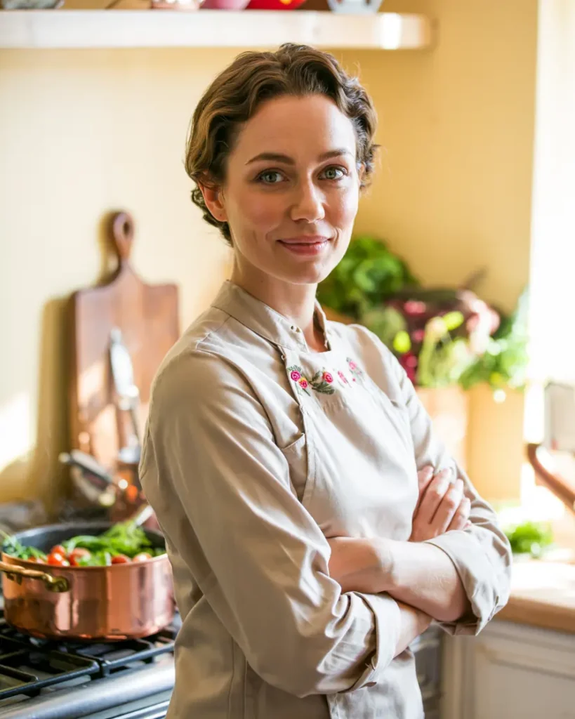 Rebica, the Dotasty chef, standing proudly with a tray of freshly baked goods, warm kitchen background.