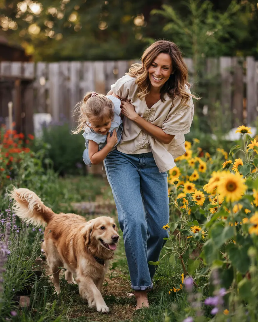 Female chef with loose light brown wavy hair laughing with her young daughter and playful little dog in a sunlit backyard garden full of flowers and greenery