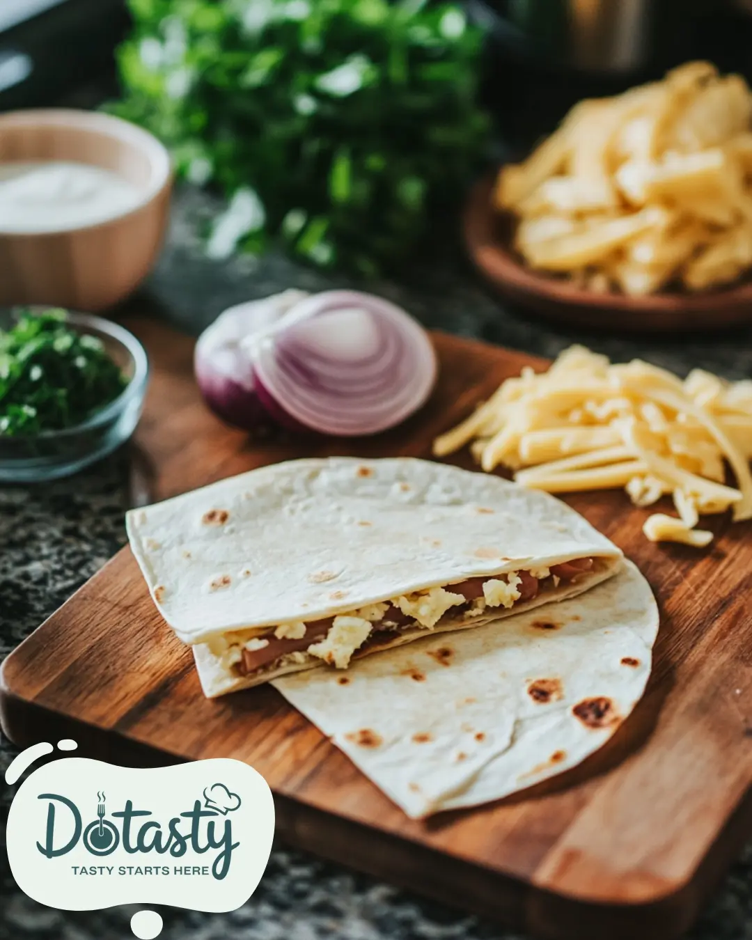 Fresh ingredients for Reuben Quesadilla neatly arranged on a cutting board, including corned beef, sauerkraut, Swiss cheese, tortillas, and dressing.