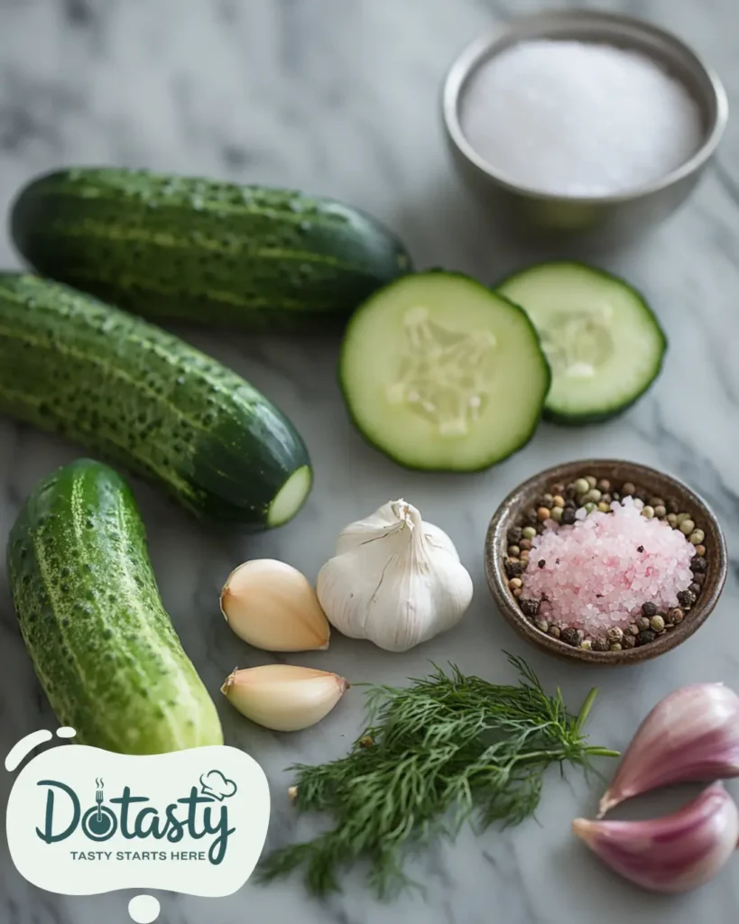 Fresh pickling cucumbers, garlic, dill, salt, and spices on a table.