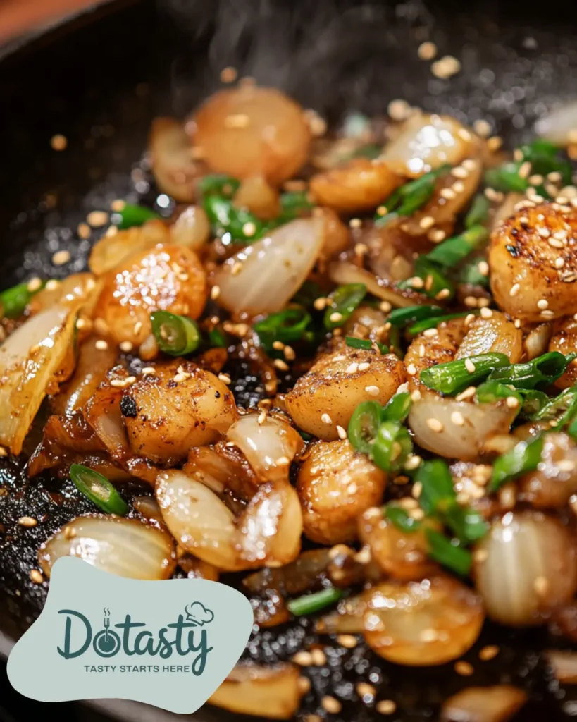 Garlic and onions sizzling in sesame oil and butter.