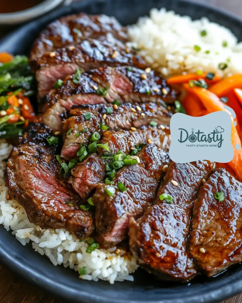Grilled Steak Hibachi Recipe on a hot plate with rice and vegetables.