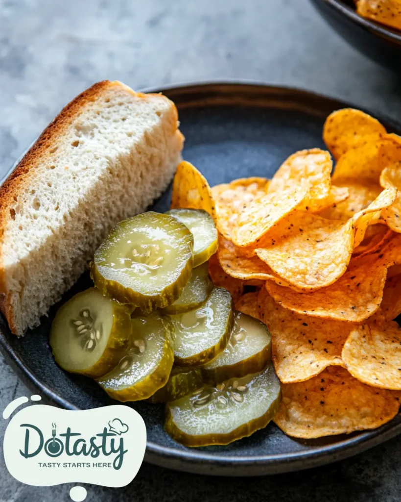 Half sour pickles on a plate beside a deli sandwich and chips.