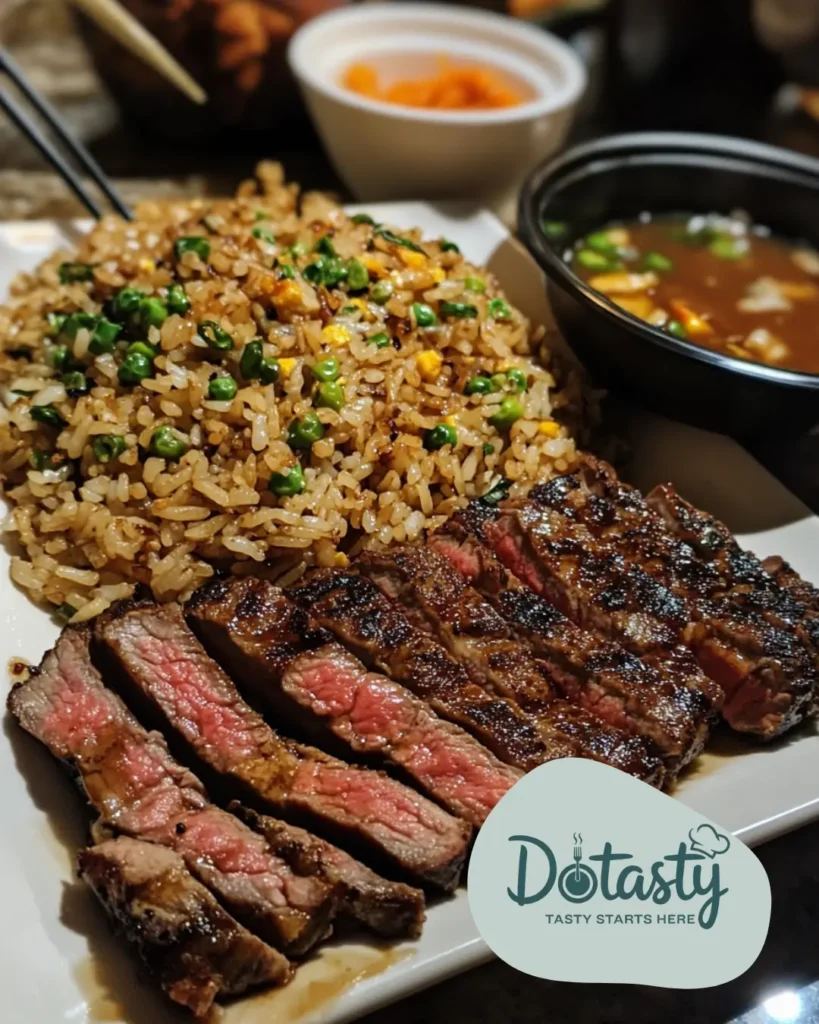 Hibachi steak served with fried rice and miso soup.