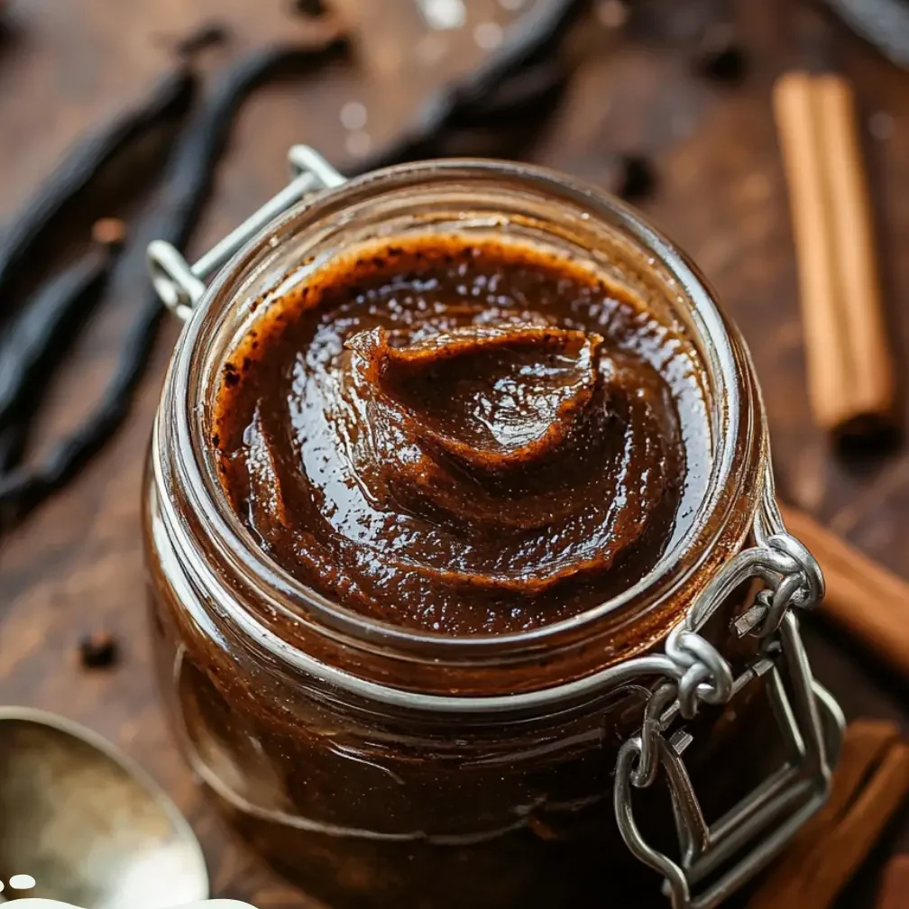 Homemade vanilla paste in a glass jar with a spoon beside it.