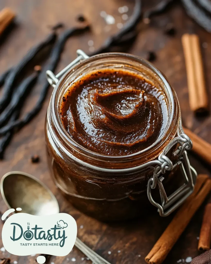 Homemade vanilla paste recipe in a glass jar with a spoon beside it.