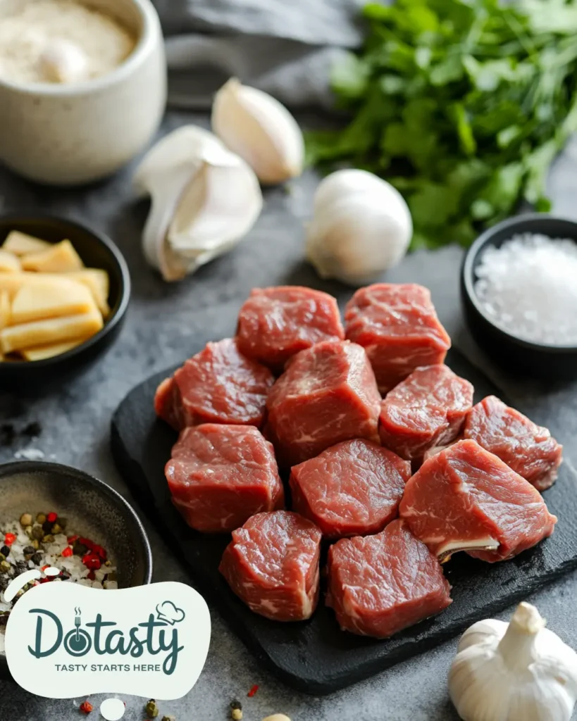 Ingredients for Teriyaki Steak Bites laid out on a kitchen counter.