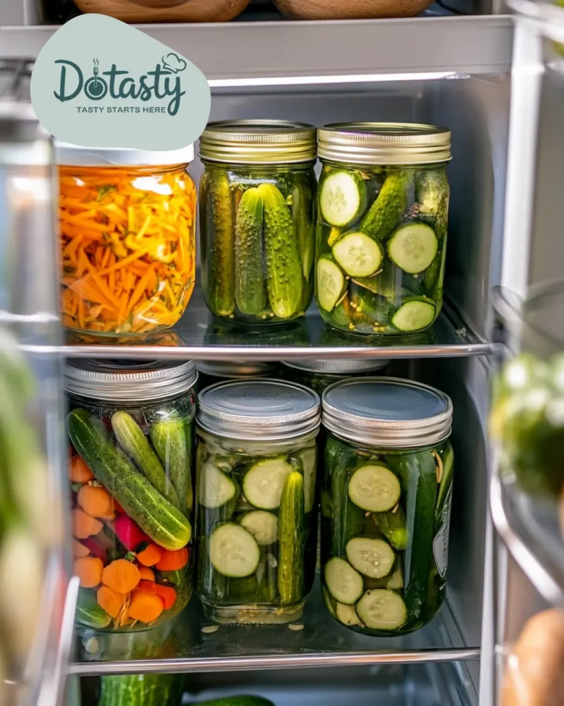 Jars of homemade half sour pickles stored in the fridge door.