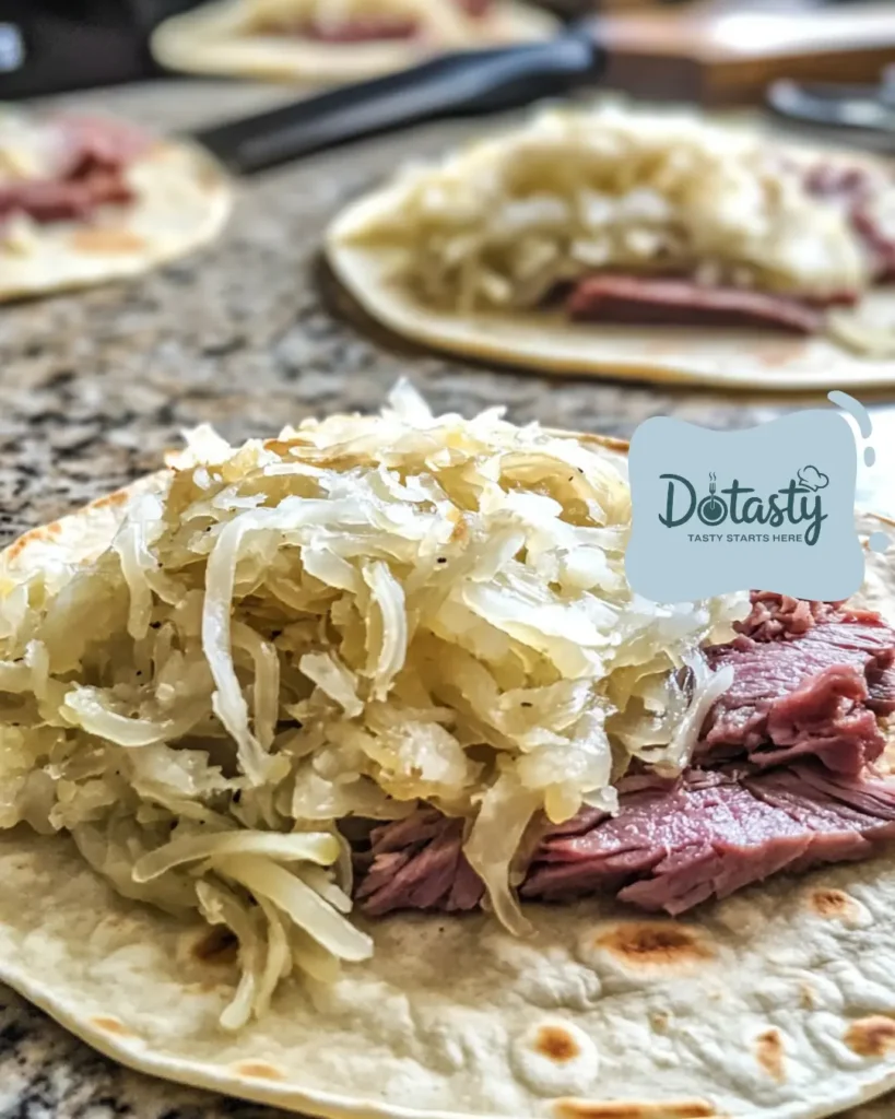 Layering Swiss cheese, corned beef, and sauerkraut onto a tortilla for Reuben Quesadilla.