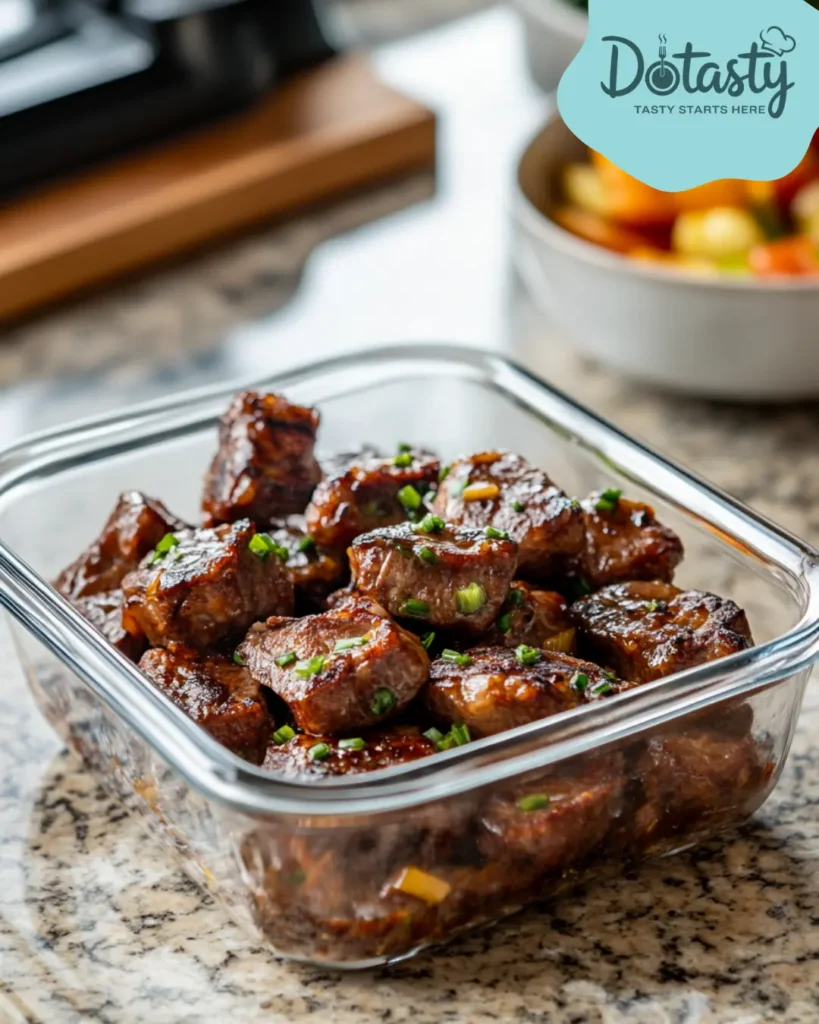 Leftover Teriyaki Steak Bites stored in a glass container.