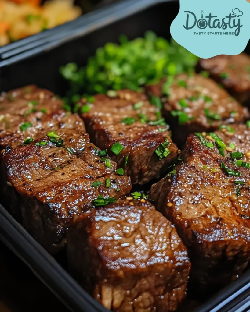 Leftover hibachi steak stored in a container