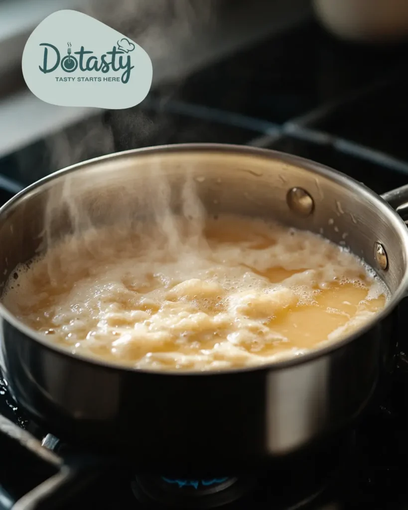 Mixture simmering gently in a small saucepan.