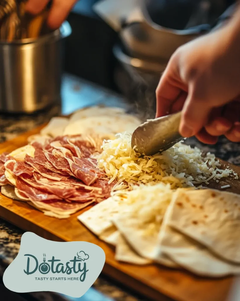 Preparing ingredients for Reuben Quesadilla — slicing corned beef, draining sauerkraut, and grating Swiss cheese