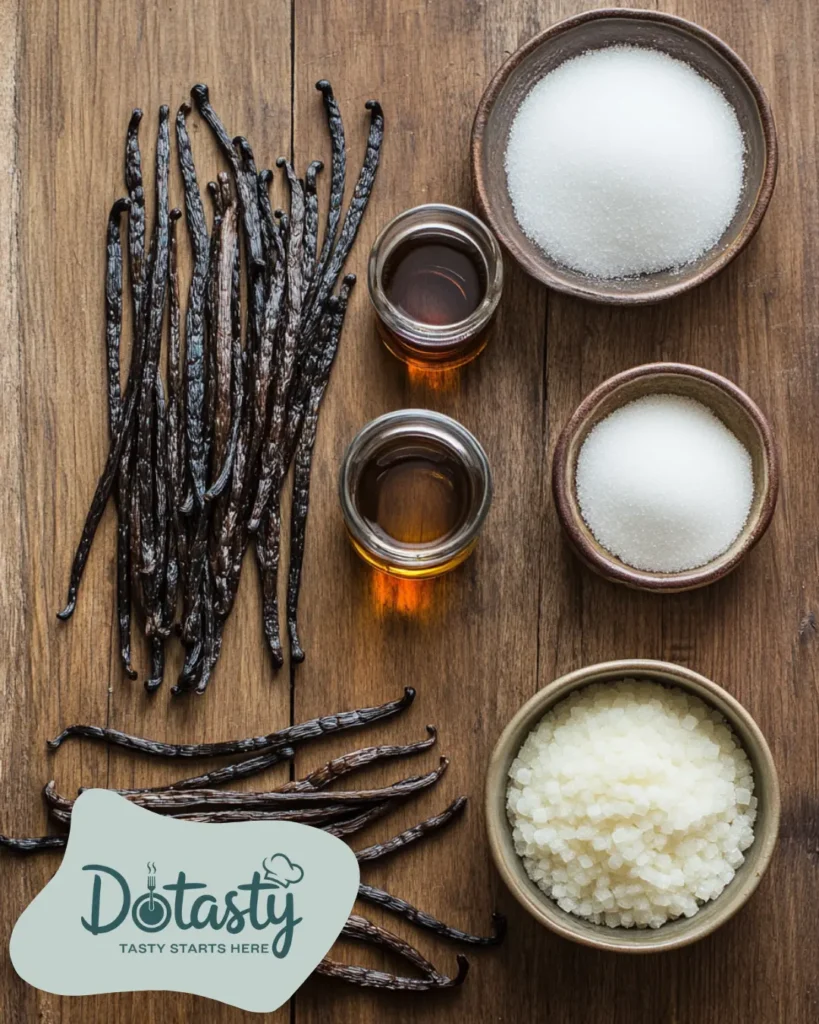 vanilla paste recipe Ingredients, Raw vanilla beans, sugar, vodka, and corn syrup laid out neatly