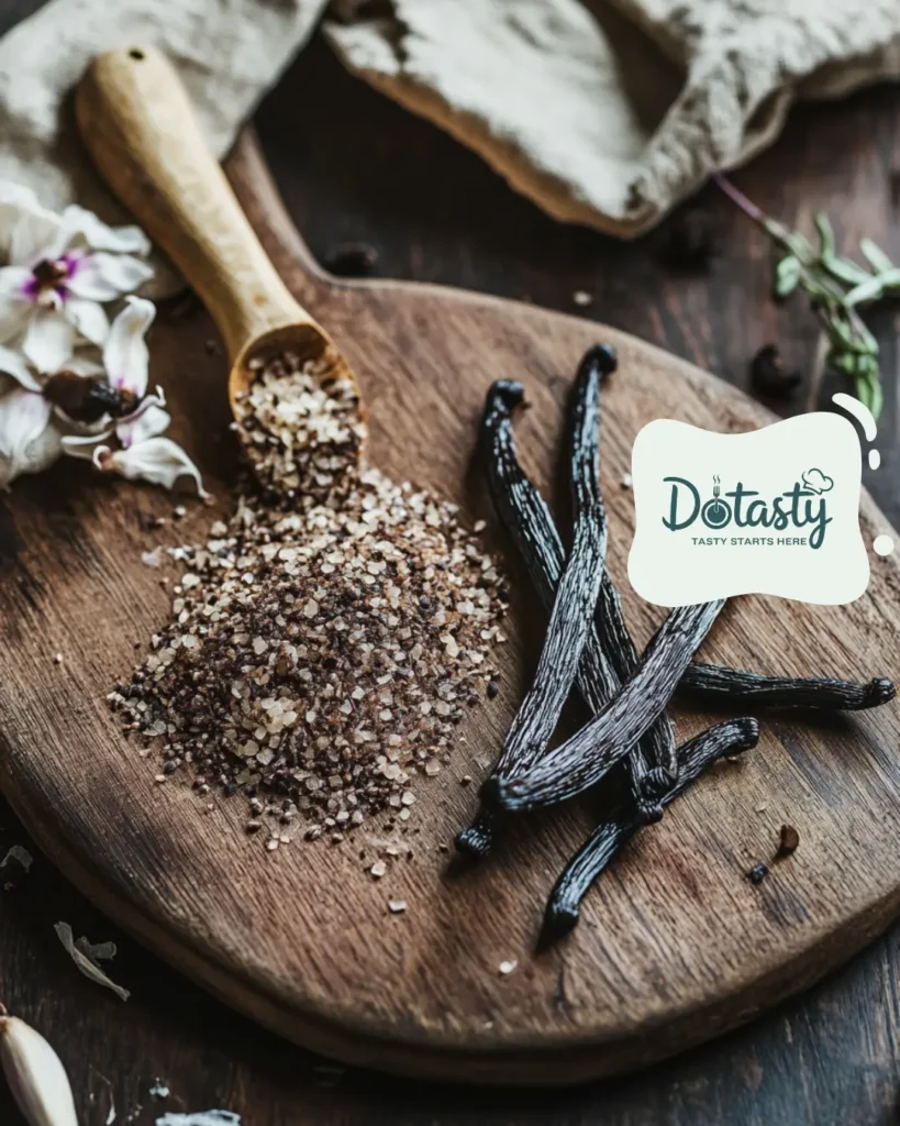 Sliced open vanilla beans with seeds exposed on a cutting board