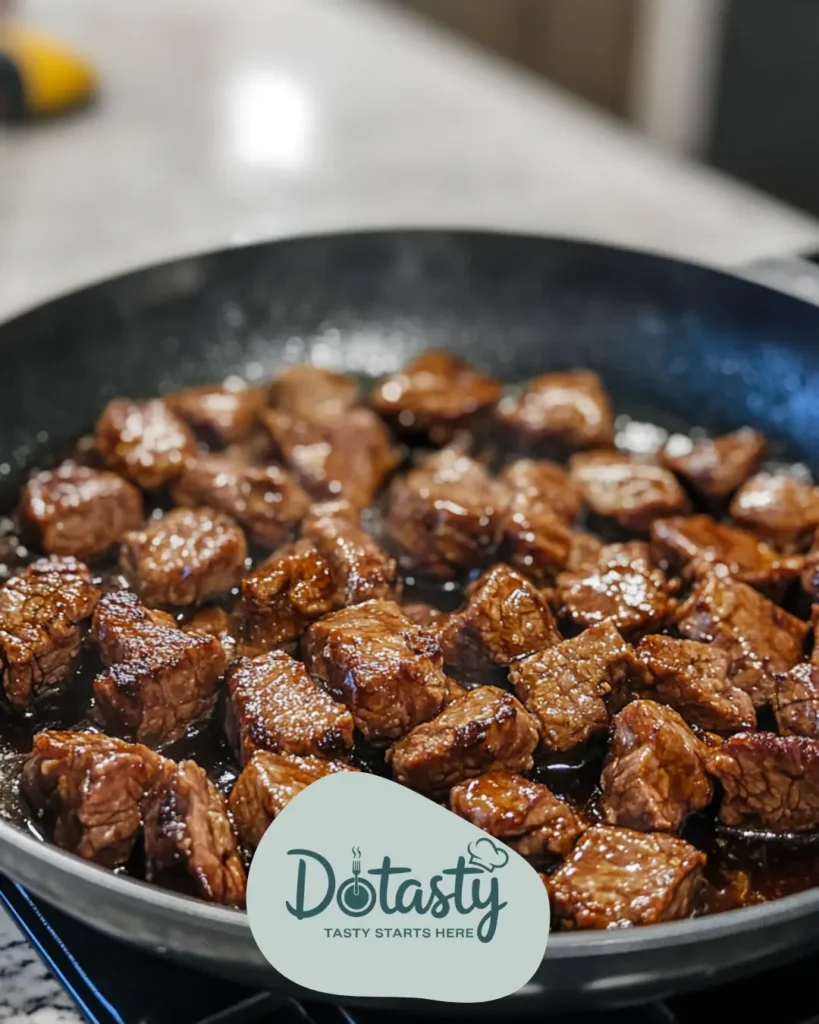 Steak bites coated in thick teriyaki sauce.