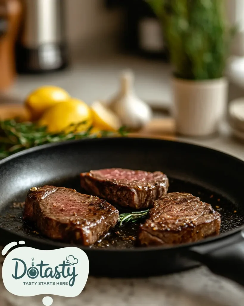 Steak bites sizzling in a skillet.