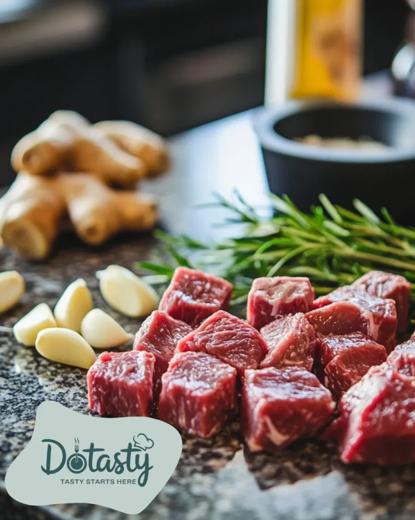 Steak cut into cubes and ingredients prepped for cooking.