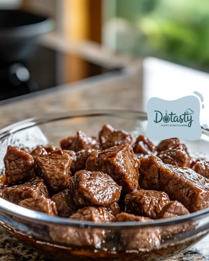 Steak pieces marinating in teriyaki sauce.