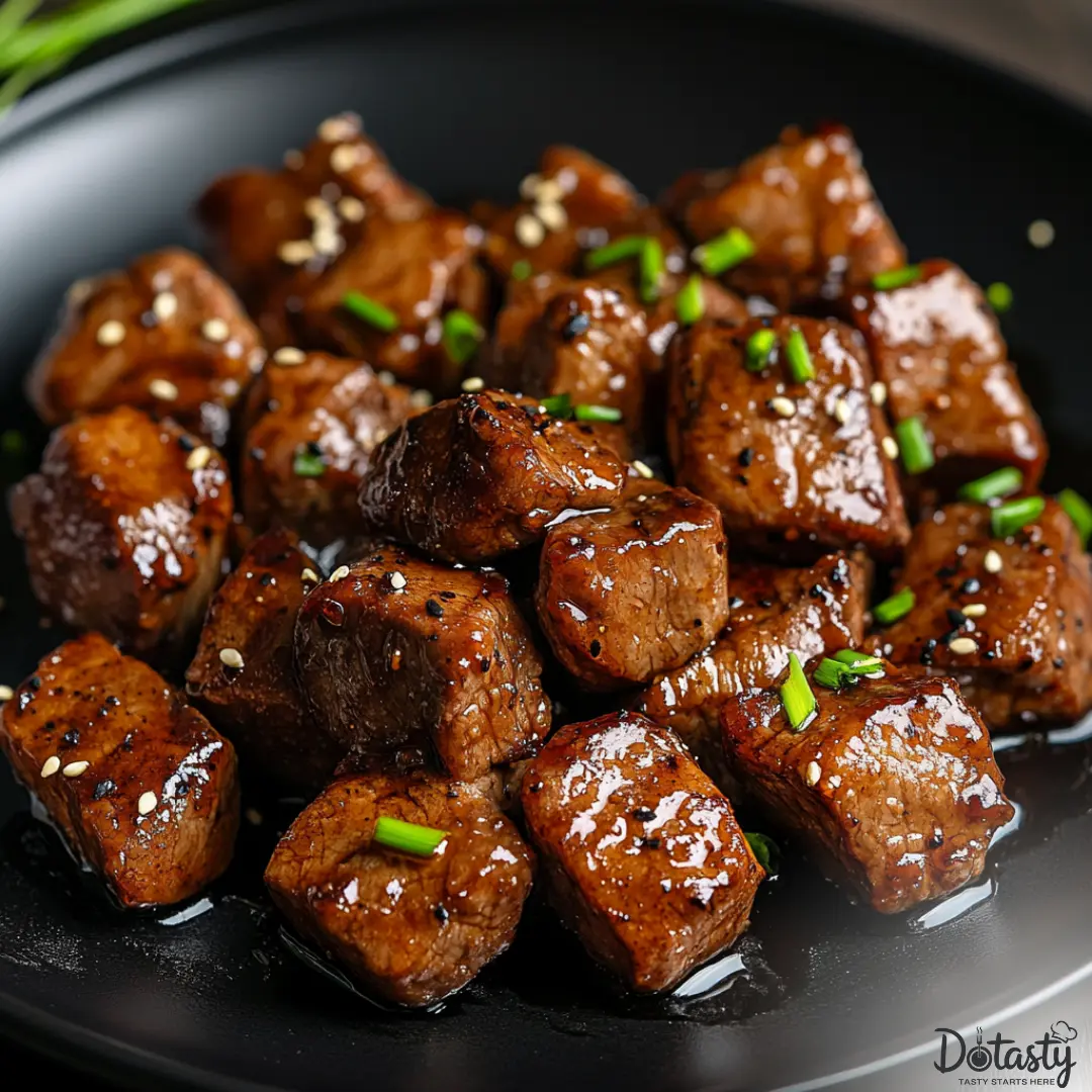 Tender Teriyaki Steak Bites glazed with homemade sauce, served hot.
