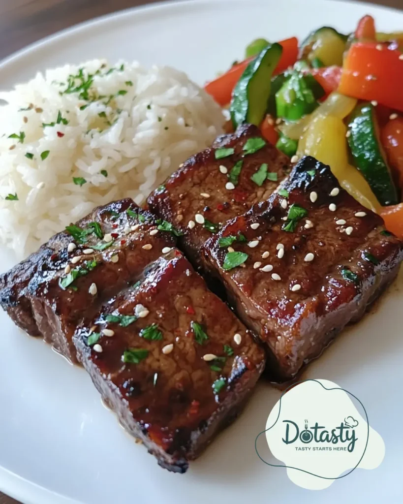 Teriyaki Steak Bites served with rice and stir-fried vegetables.