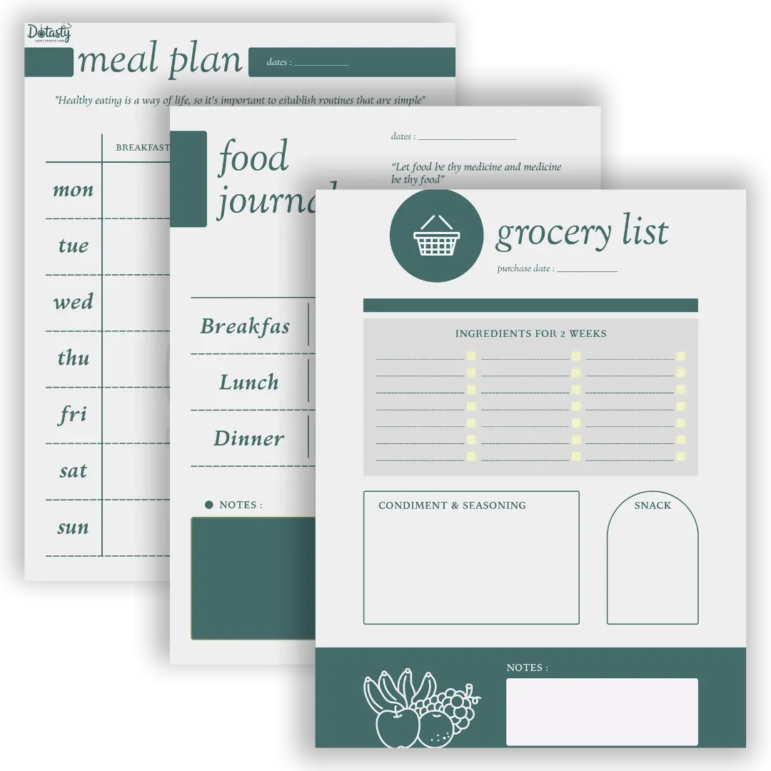 Minimalist Dotasty Weekly Planner mockup featuring three printable pages: a meal plan, a food journal, and a grocery list, designed in a clean, teal and white theme with simple illustrations.
