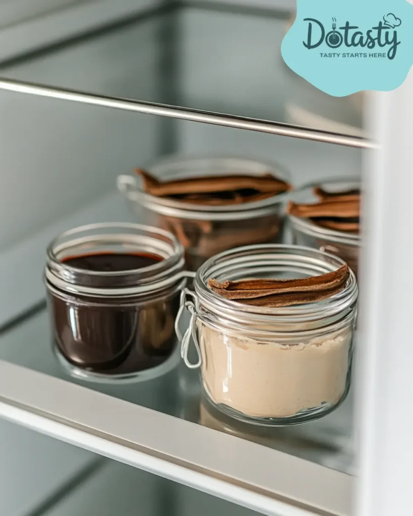Vanilla paste stored in a clear jar inside a fridge.