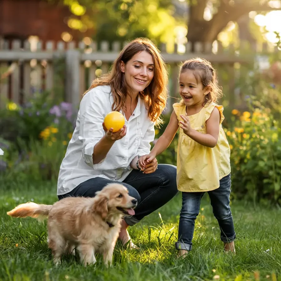 Rebecca, the Dotasty chef, enjoying a playful moment in a sunny backyard with her young daughter and a small golden dog, surrounded by a lush garden and soft natural light