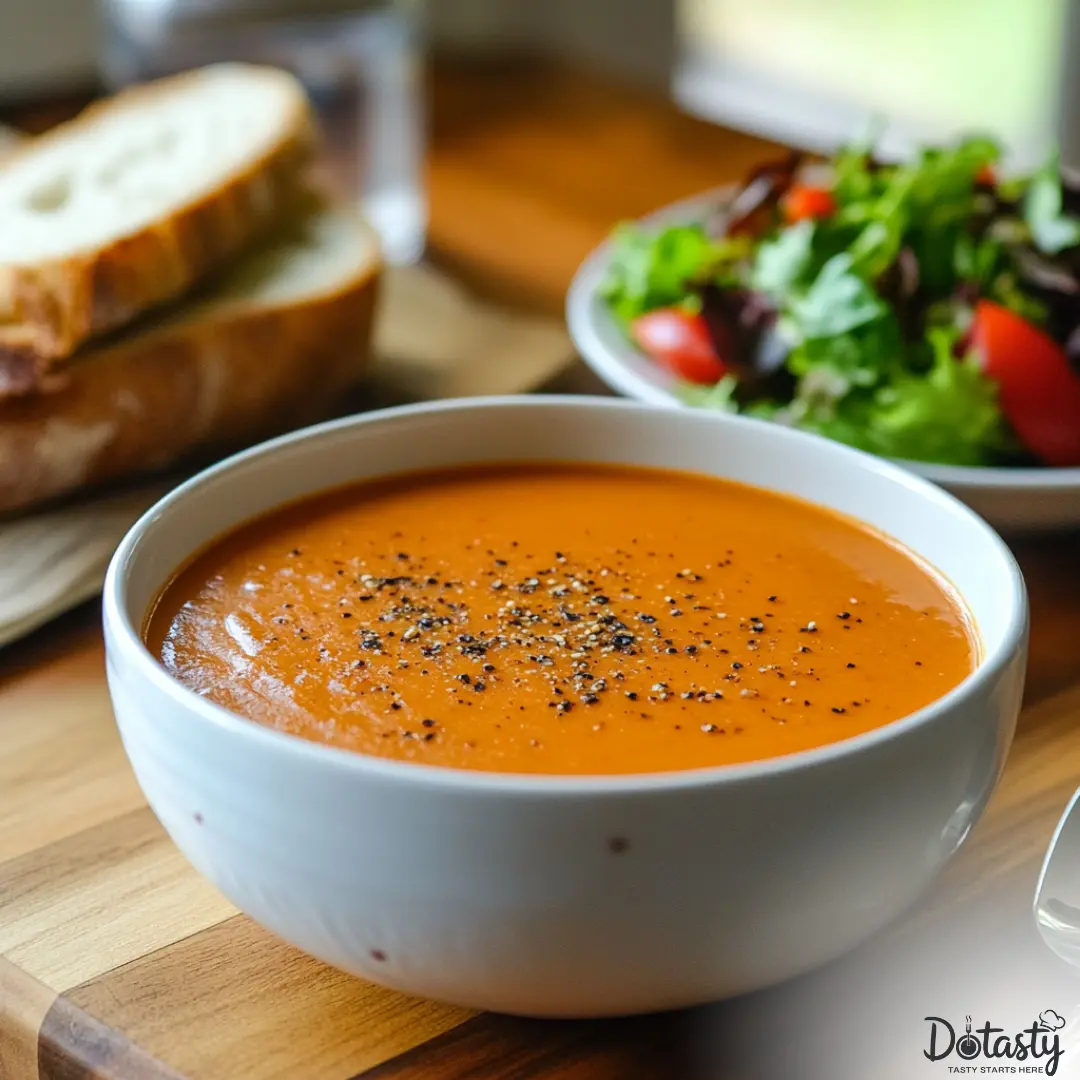 Roasted red pepper gouda soup with crusty bread and salad.
