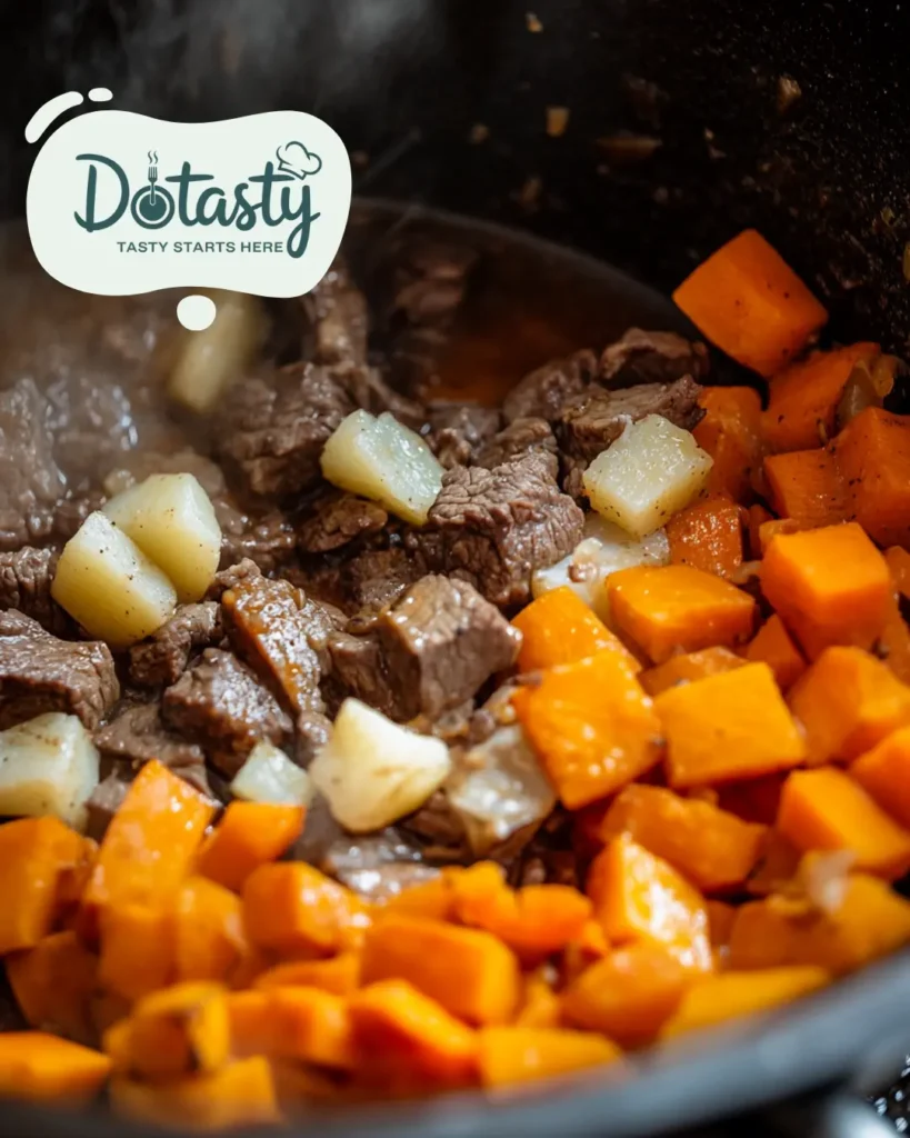 Adding beef, broth, and vegetables into the pot