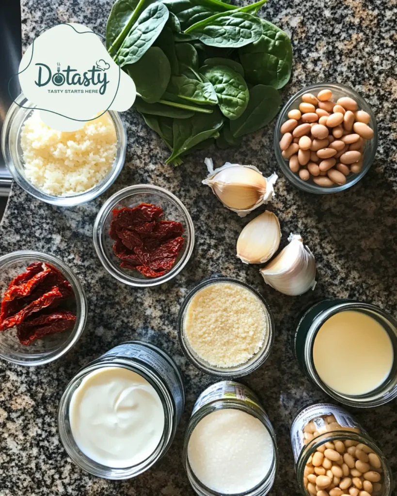 All creamy Tuscan white bean skillet ingredients laid out on a wooden board.