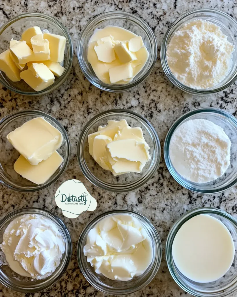 All ingredients for brown butter ice cream laid out on a white surface