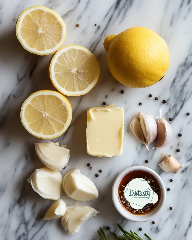 All ingredients for lemon pepper sauce arranged on a cutting board